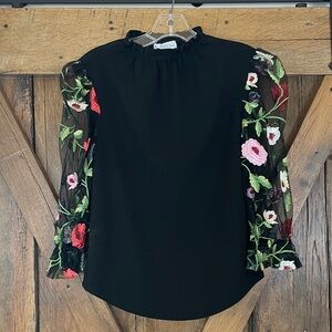 Stem & Vine Size Small Black Ruffled Neck Blouse w/ Floral Embroidered Sleeves